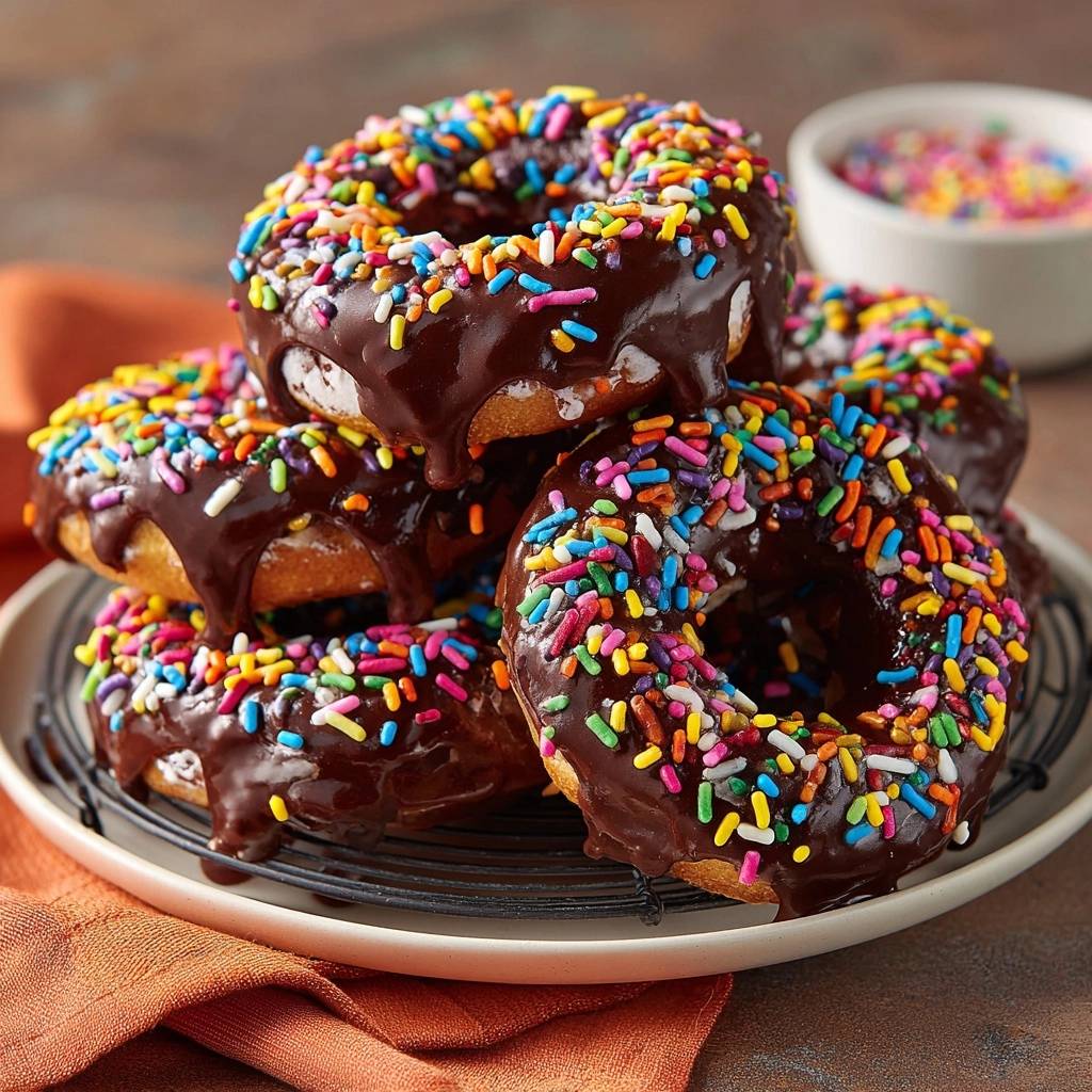 Chocolate glazed sprinkled donuts stacked on a wire rack with a bowl of sprinkles in the background.