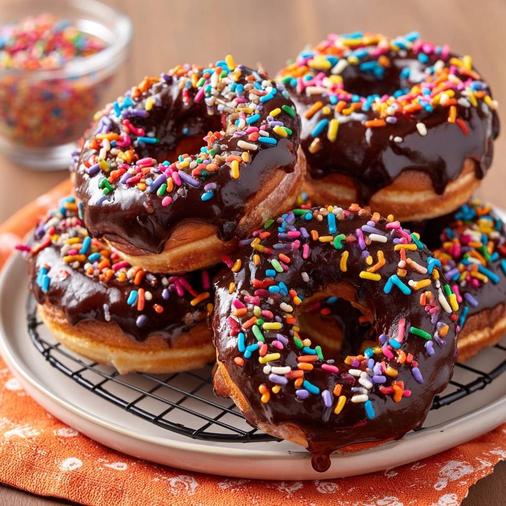 Chocolate glazed sprinkled donuts stacked on a cooling rack with a bowl of sprinkles in the background.