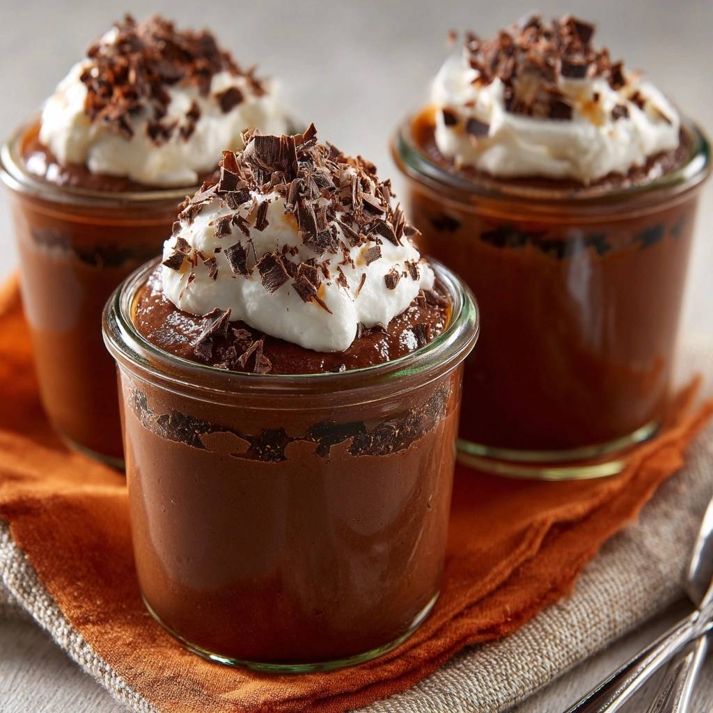 Chocolate mousse pots in glass jars, topped with whipped cream and chocolate shavings, presented in a gourmet style.