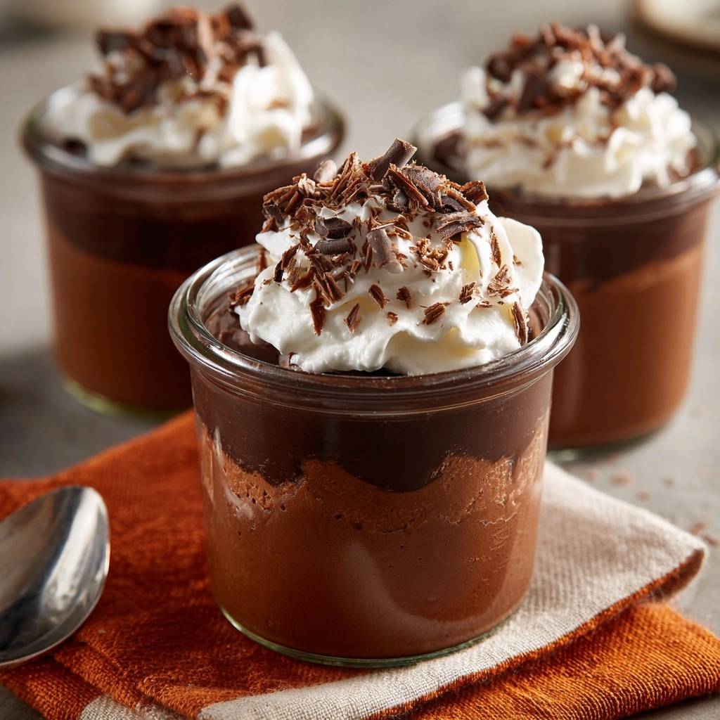 Chocolate mousse pots with whipped cream and chocolate shavings, presented in three glass jars with a close-up view.