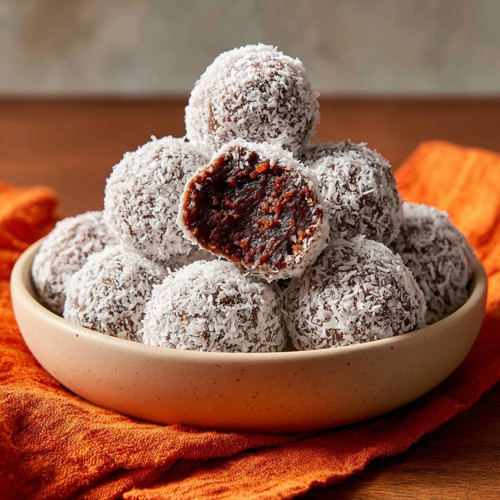 Chocolate orange snowballs, no-bake fudgy perfection, shown with a close-up cross-section revealing the rich interior texture.