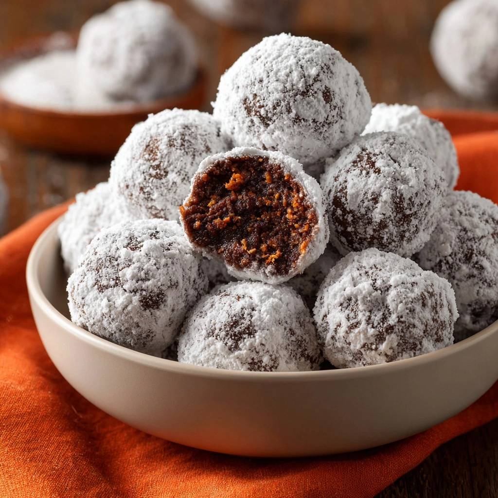 Chocolate orange snowballs, a no-bake treat, shown in a bowl with one bitten open revealing the fudgy interior.