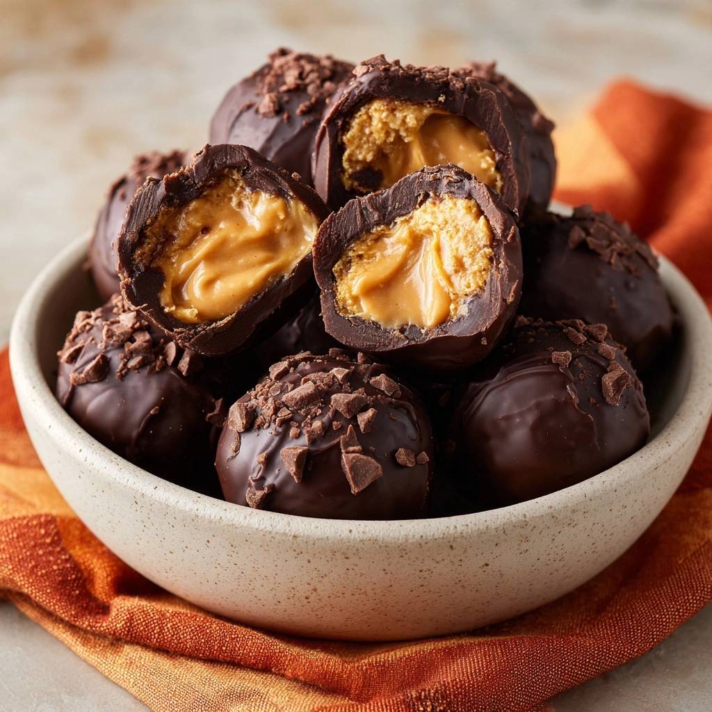 Chocolate Peanut Butter Crunch Balls shown in a cross-section revealing the creamy peanut butter filling.