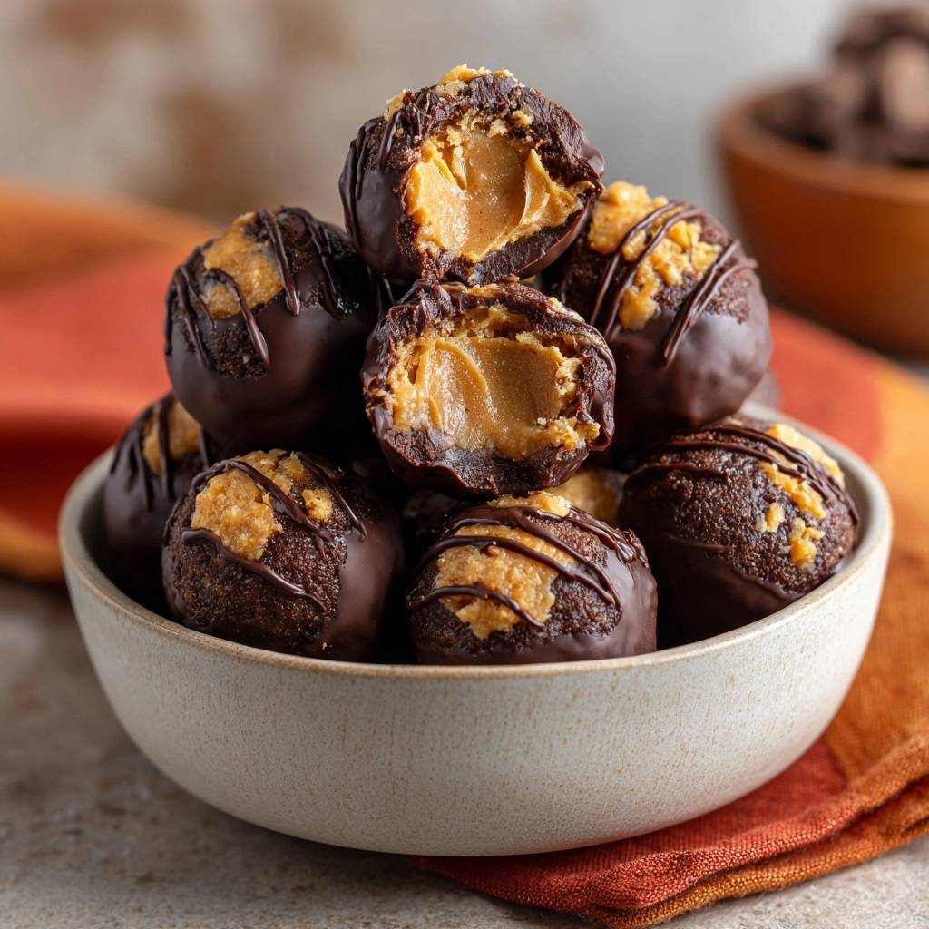 Chocolate Peanut Butter Crunch Balls shown in a cross-section, revealing the creamy peanut butter filling.