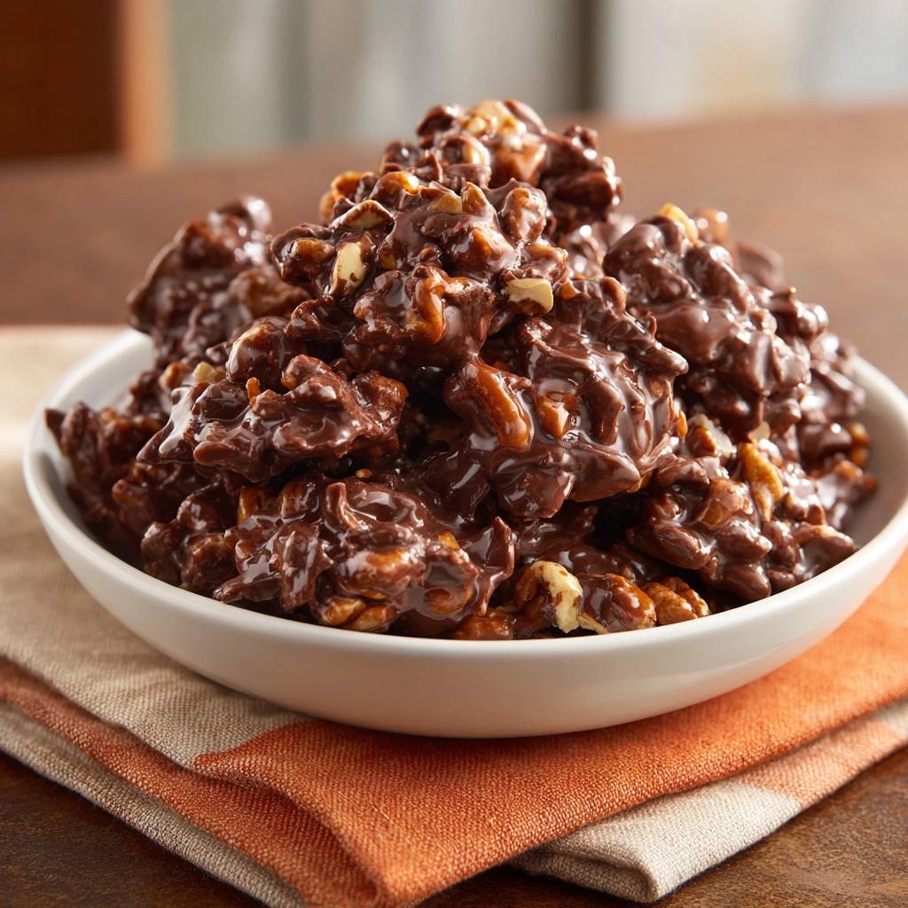 Chocolate peanut caramel corn clusters piled high in a white bowl, showcasing their rich texture and nutty inclusions.