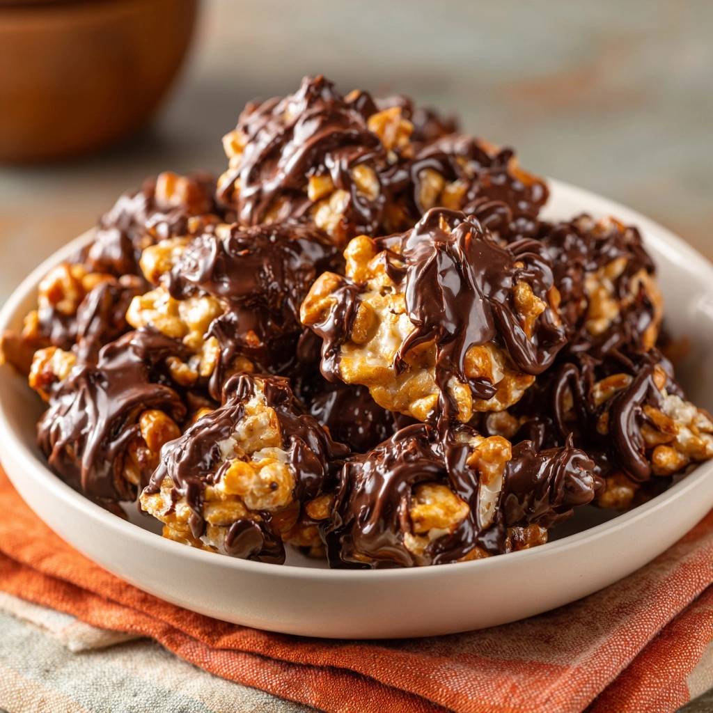 Chocolate peanut caramel corn clusters piled high in a white bowl, showcasing their rich chocolate drizzle and texture.