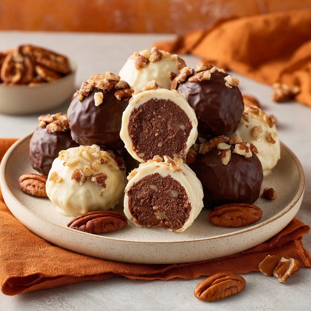 Chocolate pecan truffles with a dark chocolate interior, one cut open to reveal the texture.