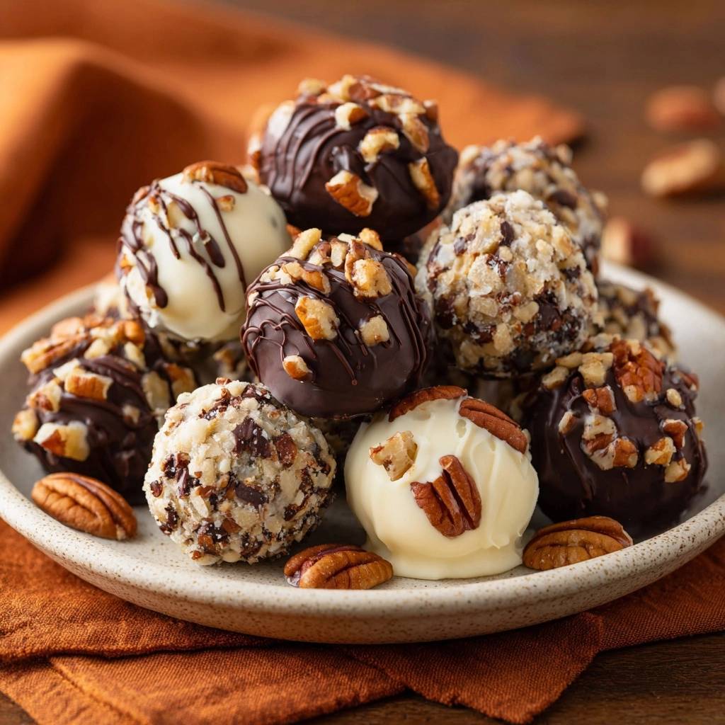 Chocolate pecan truffles piled high on a plate, showcasing dark and white chocolate coatings with chopped nuts.