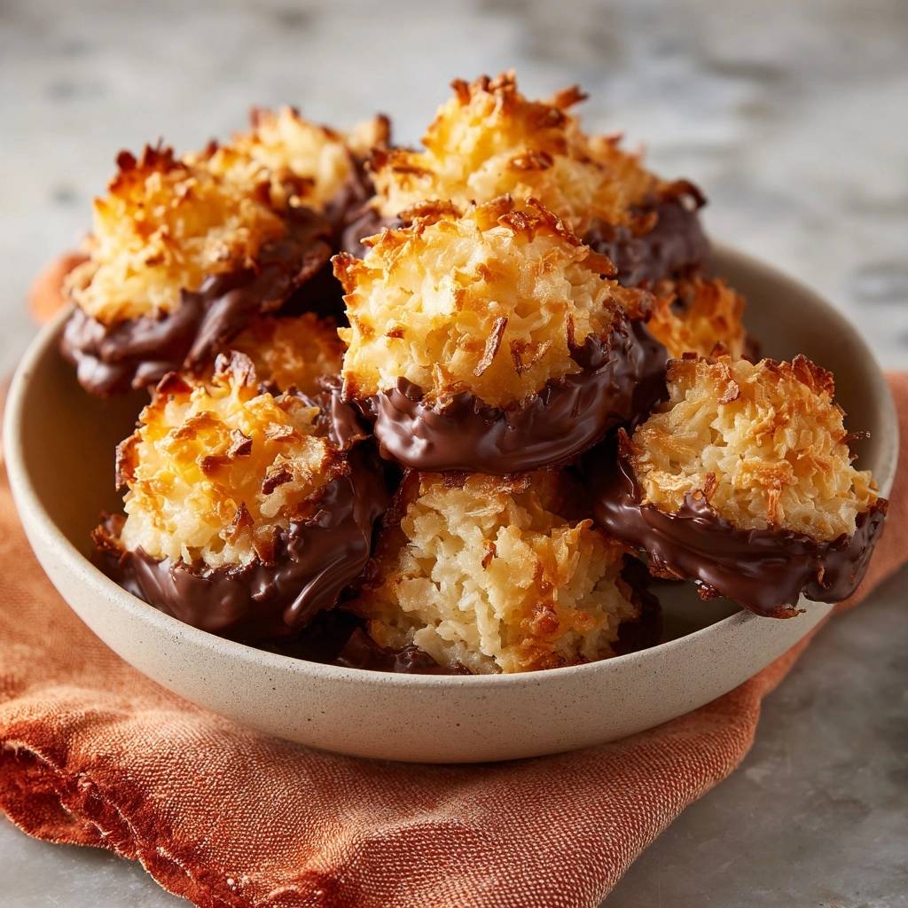 Chocolate-topped coconut macaroons shown in a bowl, with a close-up view of their textured coconut exterior and dark chocolate base.