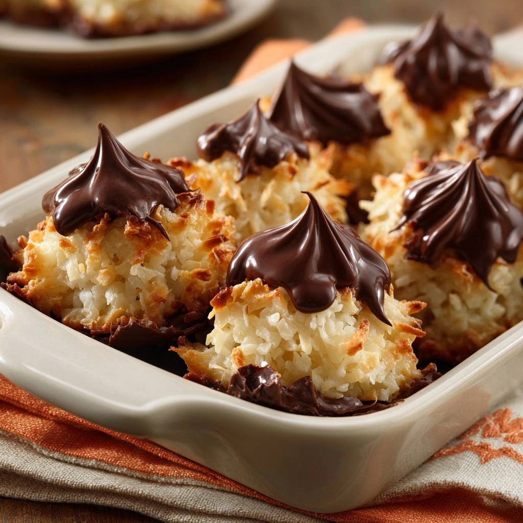 Chocolate-topped coconut macaroons show moist shredded coconut texture with rich dark chocolate swirls on top.