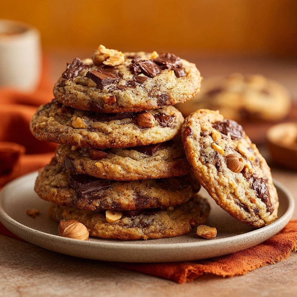 Chunky chocolate peanut cookies stacked high on a plate with hazelnuts visible on top and around.