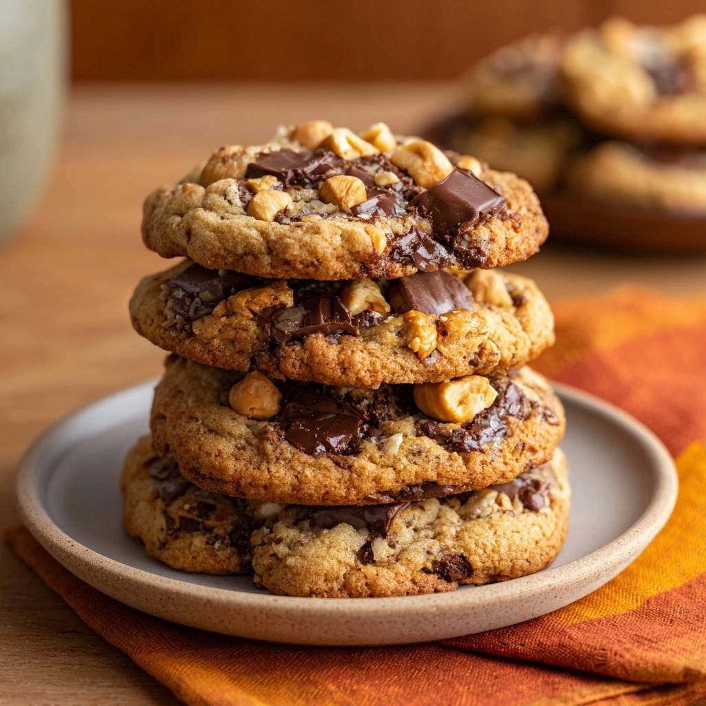Chunky chocolate peanut cookies stacked high on a plate, showcasing their thick and chewy texture with visible chocolate chunks and peanuts.