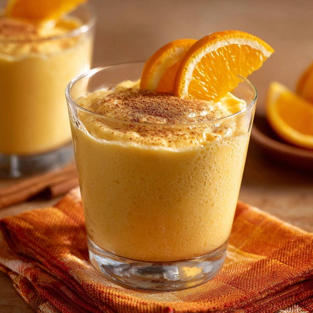 Cinnamon orange mango smoothie in a glass, topped with cinnamon and orange slices, close-up detail.