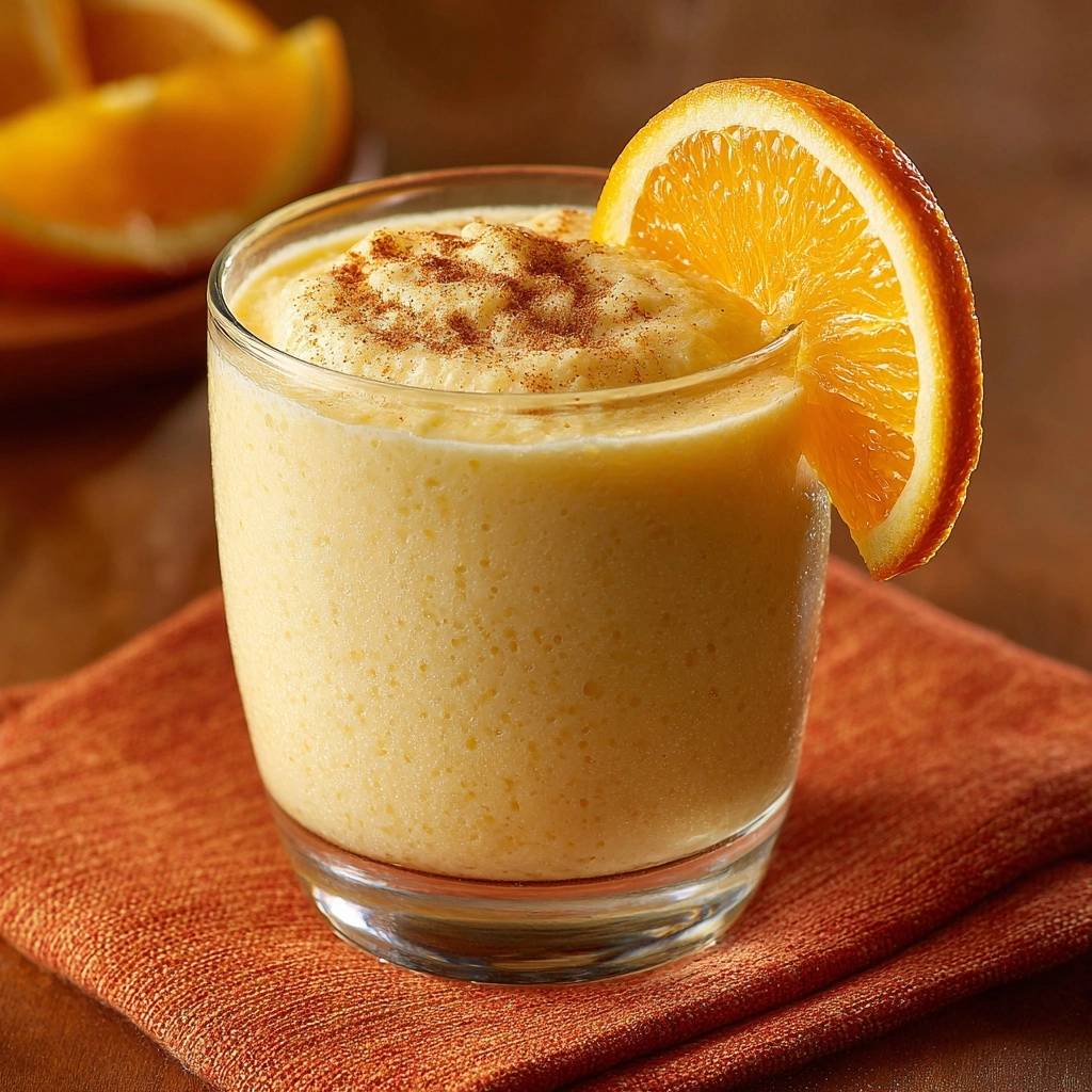 Cinnamon orange mango smoothie garnished with a fresh orange slice and dusted with cinnamon powder.