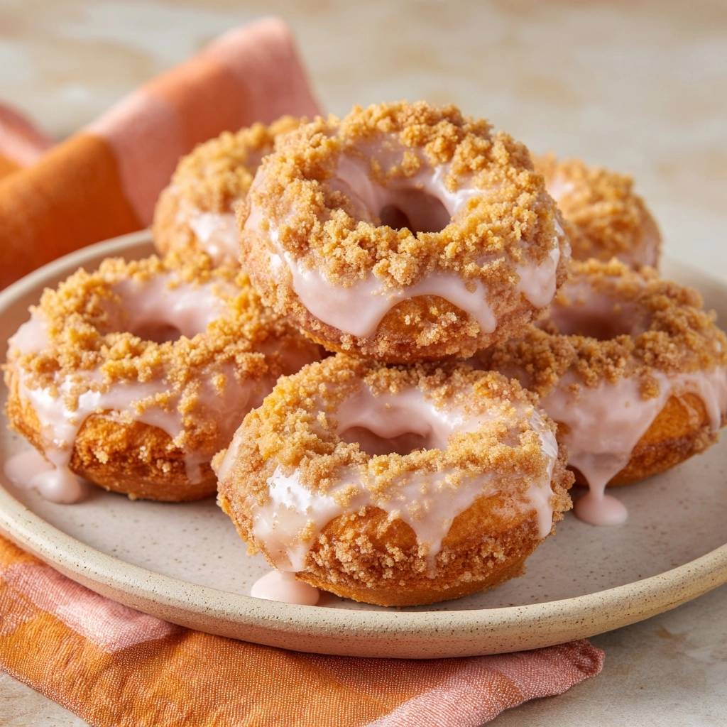 Cinnamon sugar baked donuts with a light pink glaze and a generous crumb topping shown in a close-up detail shot.