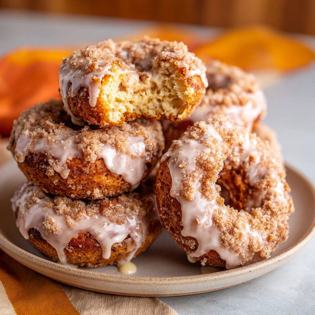 Cinnamon sugar baked donuts stacked on a plate, with one donut showing a close-up cross-section of its fluffy interior.