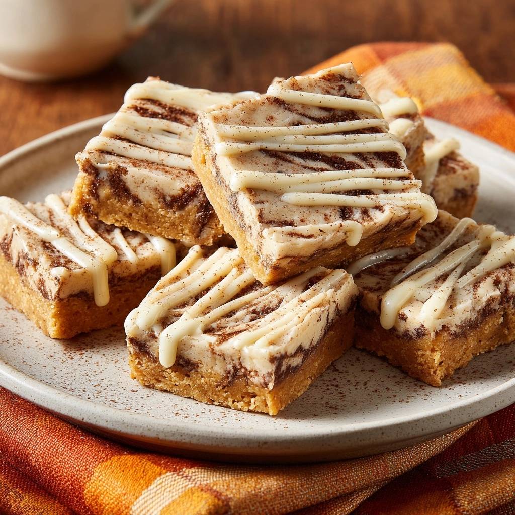 Cinnamon swirl cheesecake bars with crack-free tops are plated in a close-up view, showcasing their marbled frosting.