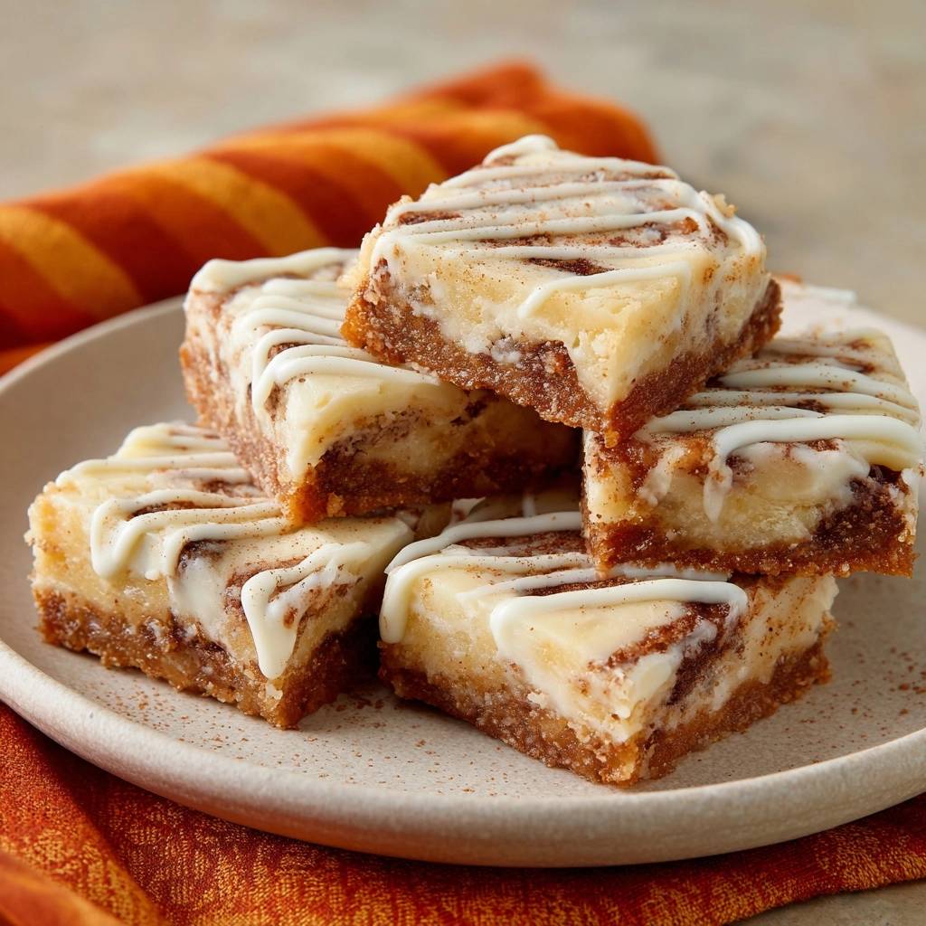 Cinnamon swirl cheesecake bars with crack-free tops stacked on a plate, drizzled with white icing.