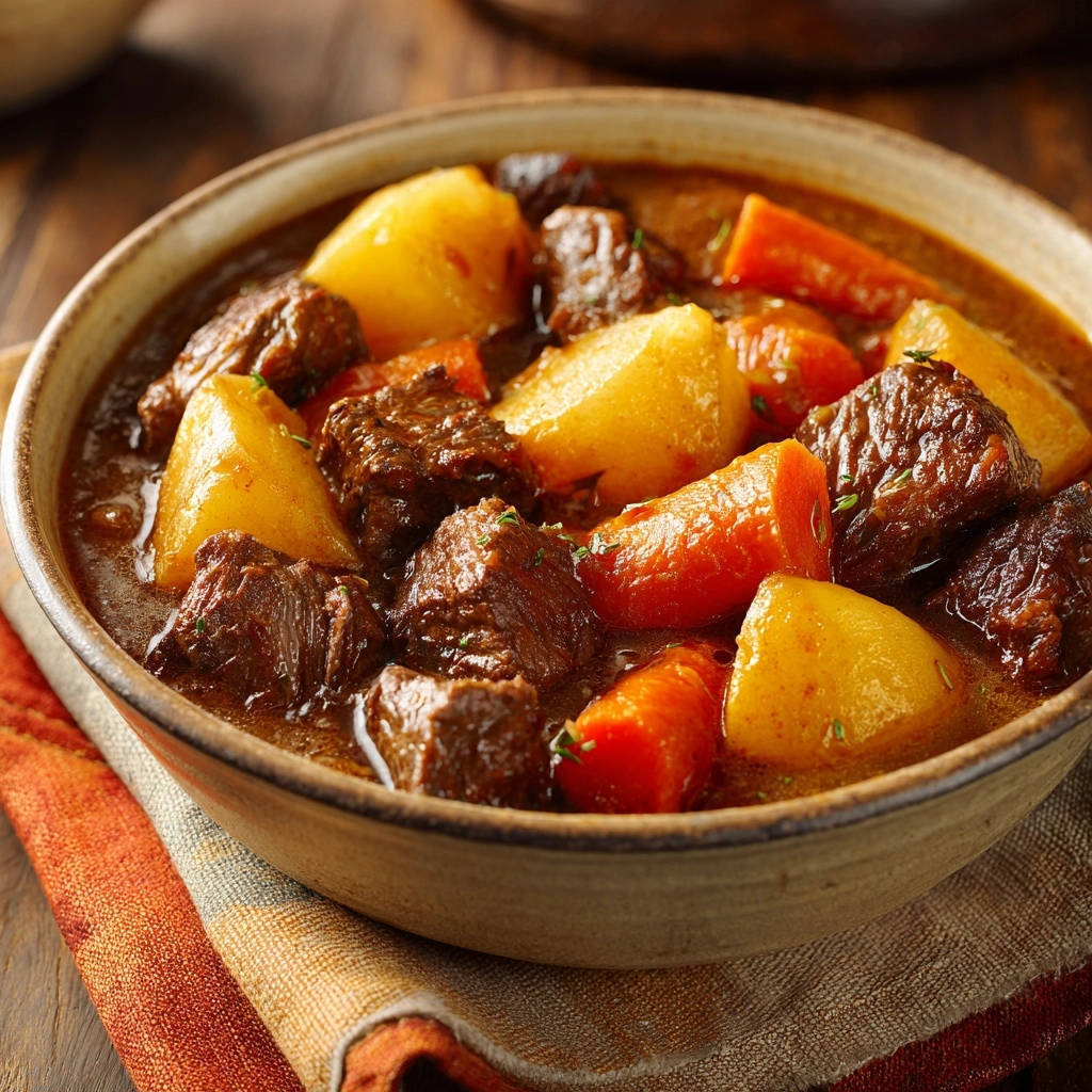 Rich classic beef stew with tender beef chunks, potatoes, and carrots served in a rustic bowl.