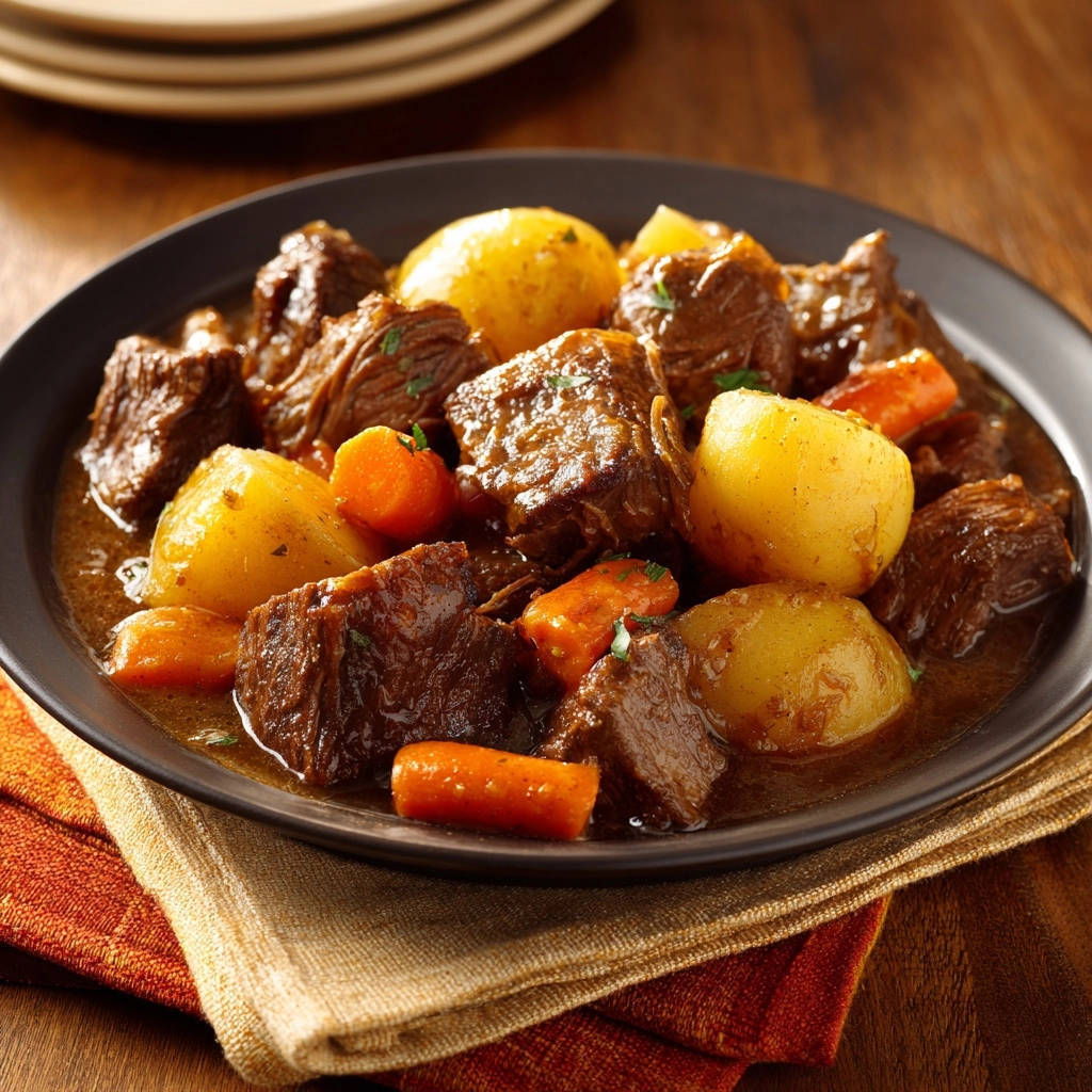 Rich classic beef stew with tender chunks of beef, potatoes, and carrots in a savory gravy, served in a dark bowl.