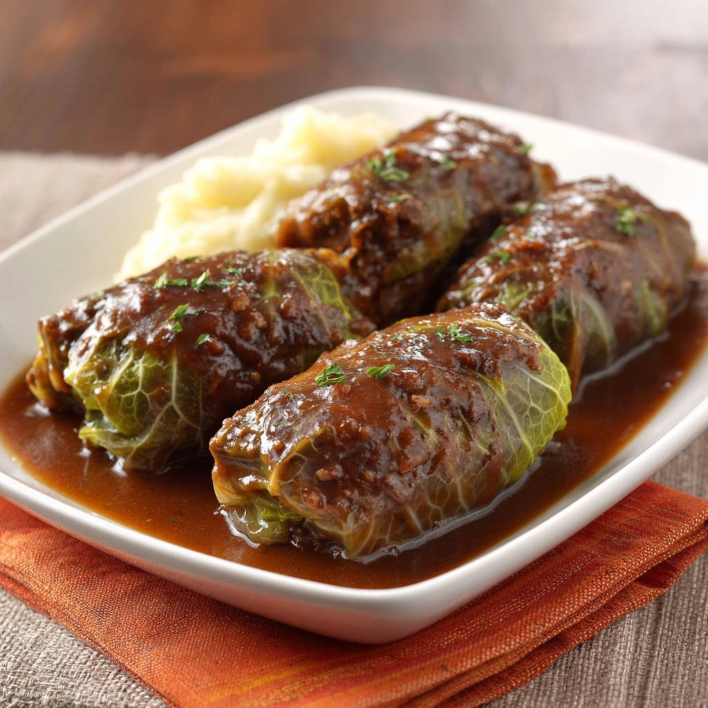 Classic beef stuffed cabbage rolls served with mashed potatoes, presented beautifully on a white plate.