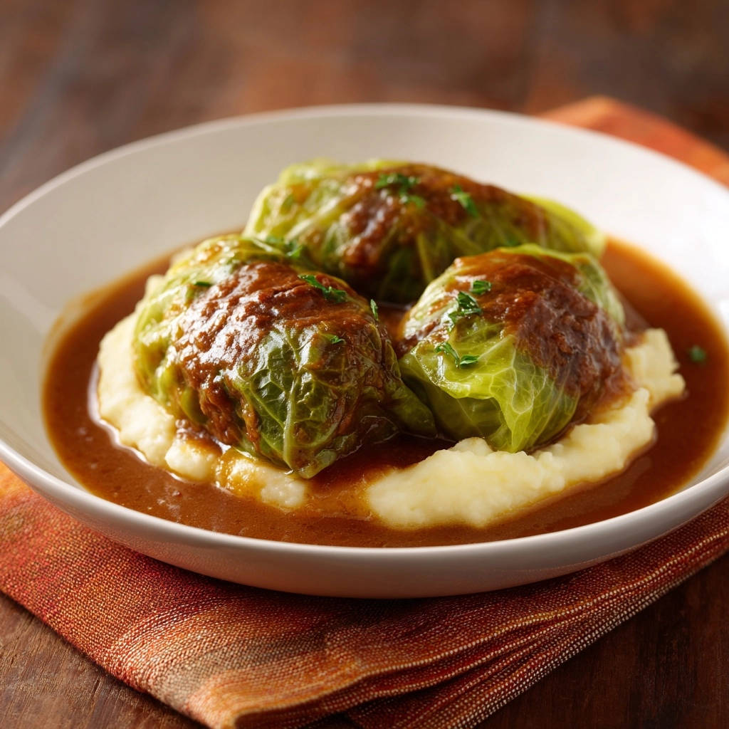 Classic beef stuffed cabbage rolls served in a white bowl over mashed potatoes with rich gravy.