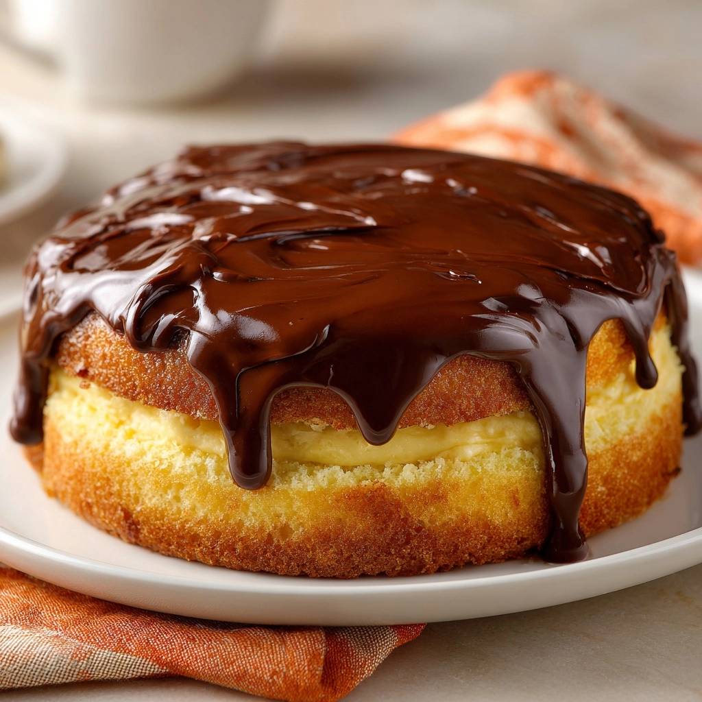 Classic Boston Cream Pie with rich chocolate ganache dripping down the sides onto a creamy filling.