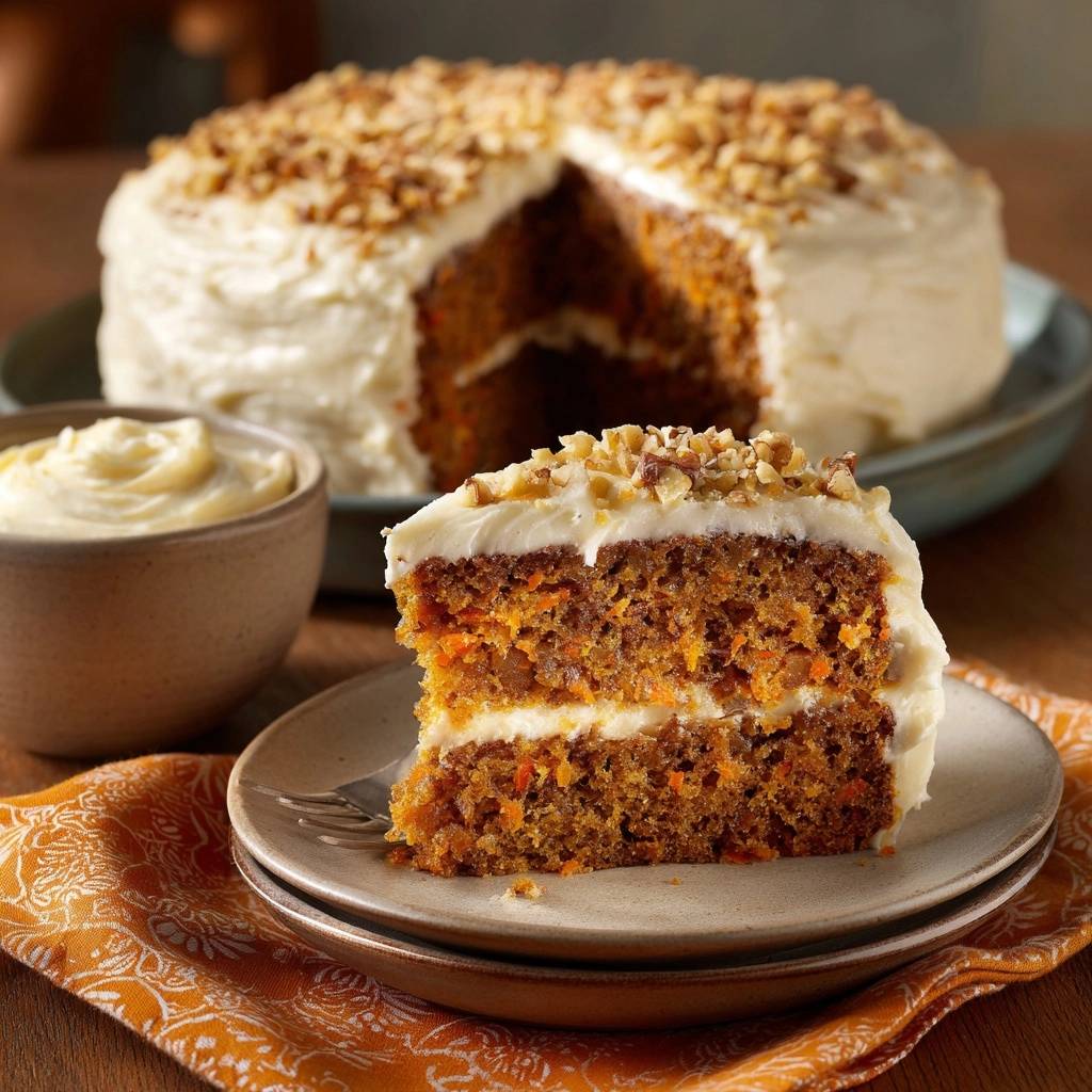 Classic carrot cake showing a moist cross-section slice with cream cheese frosting and walnuts on a plate.
