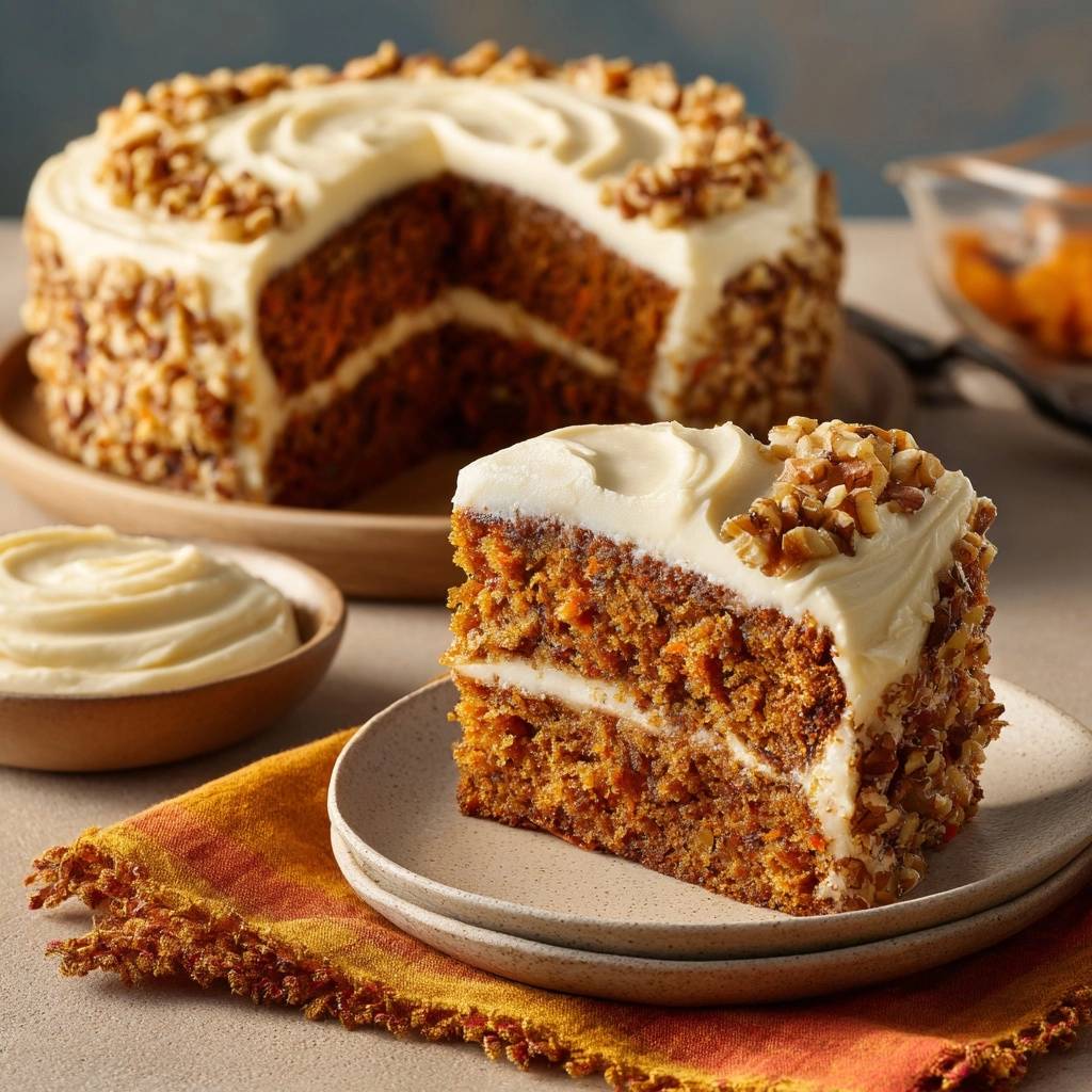 Classic carrot cake shown as a slice on a plate with the rest of the cake in the background.