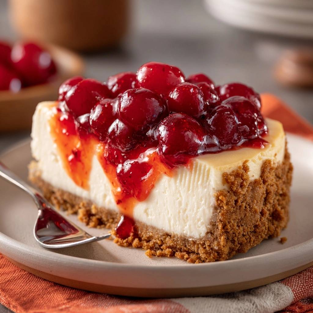 Classic cherry cheesecake, a plated slice showcasing the creamy interior and vibrant cherry topping with sauce.