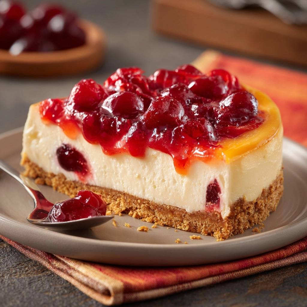 Classic cherry cheesecake slice with a spoon full of cherry topping on a plate.