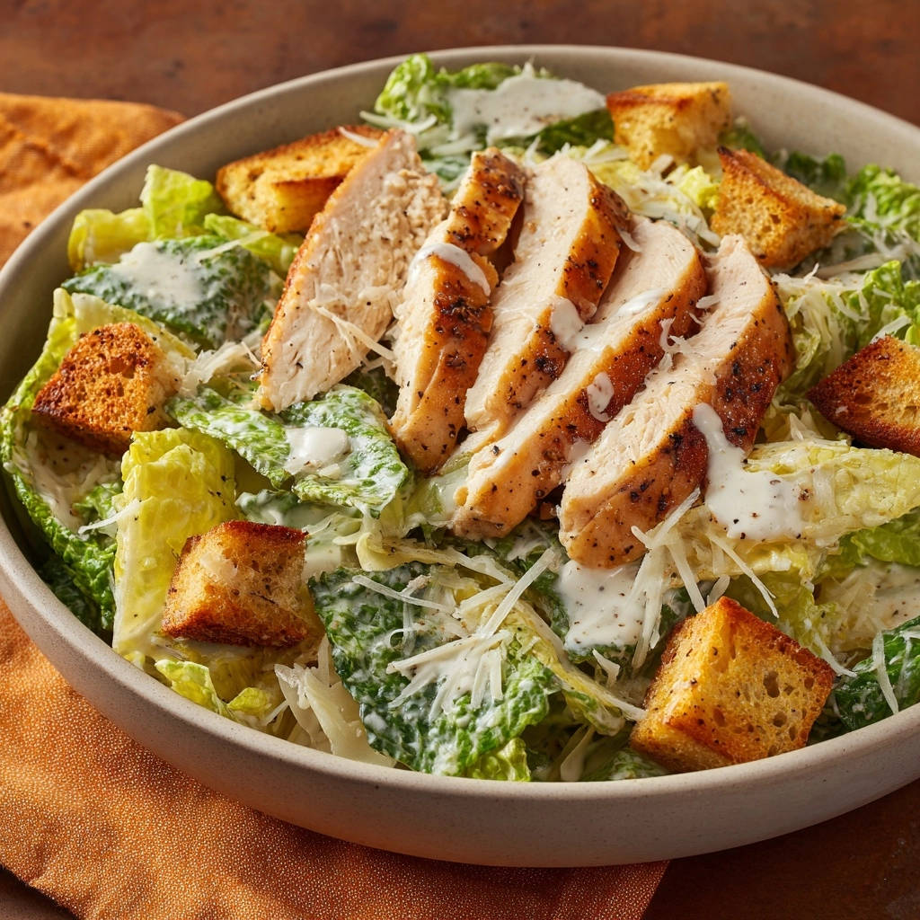 Classic chicken Caesar salad with sliced chicken breast and croutons, viewed from a slight overhead angle.