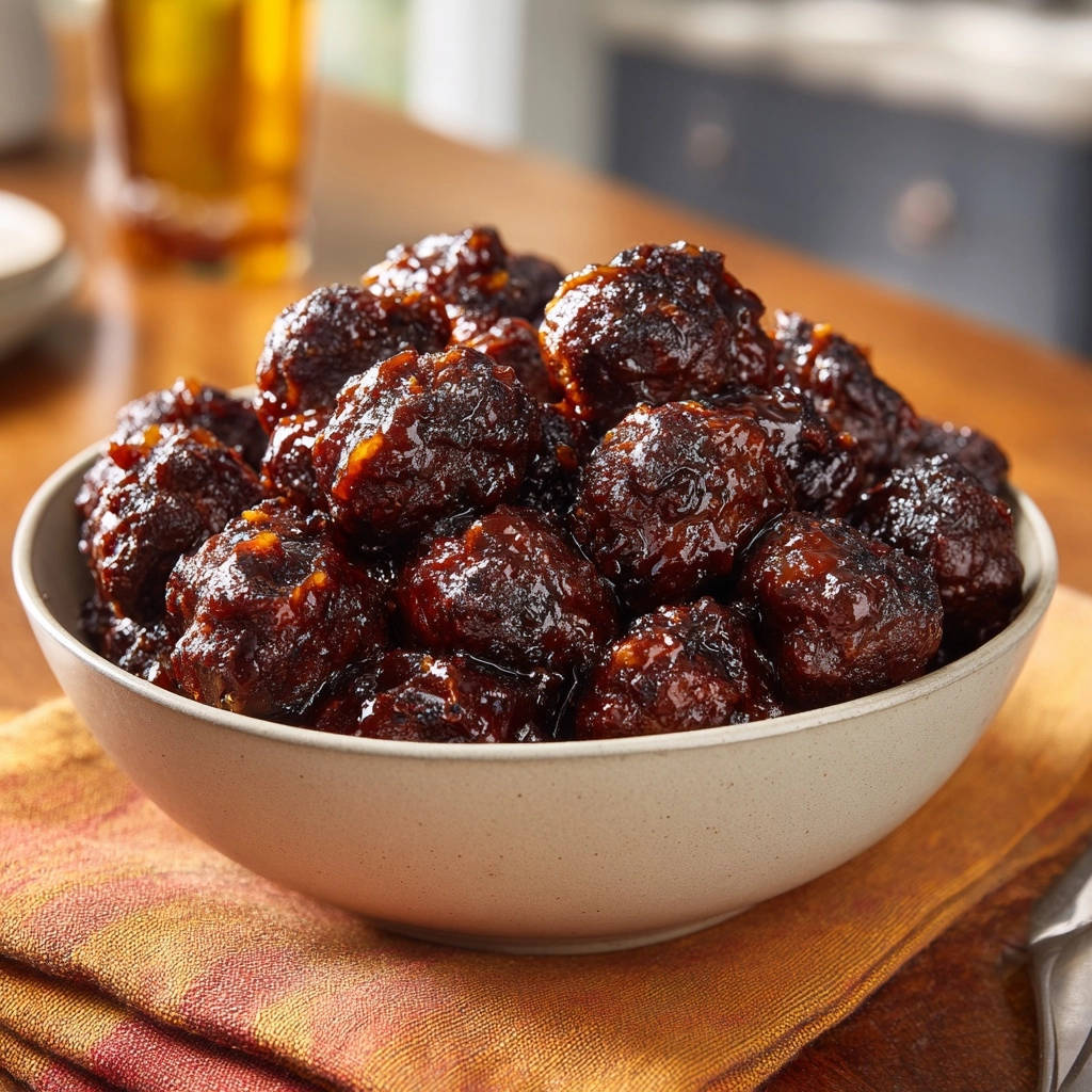 Classic glazed cocktail meatballs in a close-up bowl, showcasing their rich, glossy sauce and plump texture.