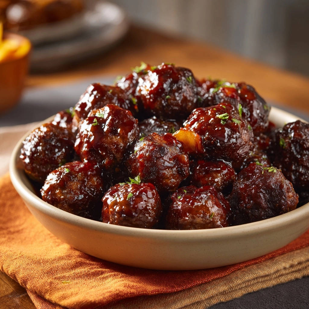 Classic glazed cocktail meatballs glistening in a bowl, garnished with fresh herbs.