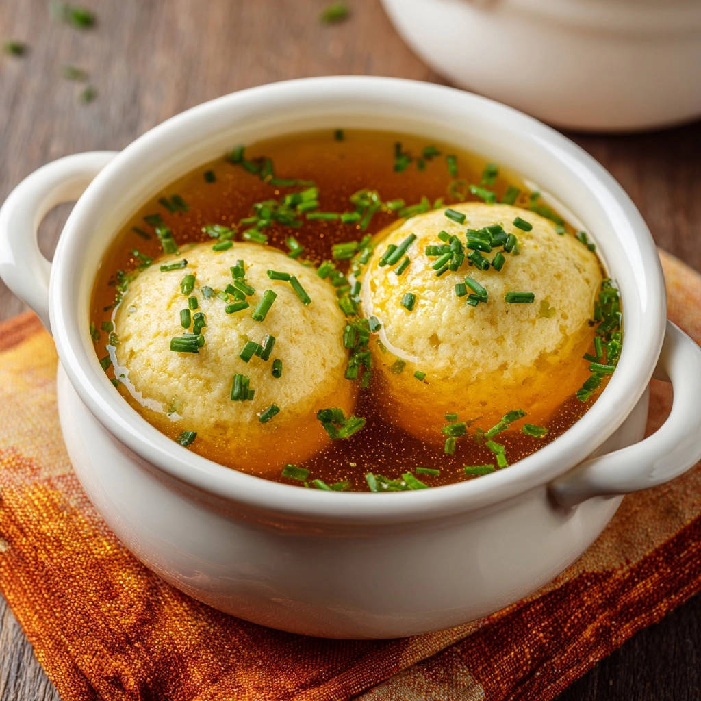 Classic Matzah Ball Soup featuring two fluffy matzah balls in broth, generously garnished with fresh chives.