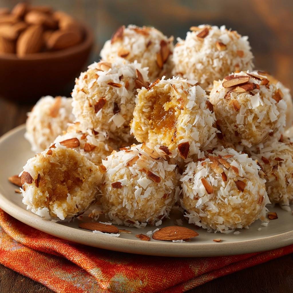 Coconut carrot halwa balls with a close-up cross-section revealing the jammy center and shredded coconut coating.