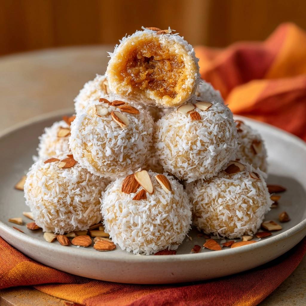 Coconut carrot halwa balls with a detailed cross-section revealing the firm texture and rich filling.