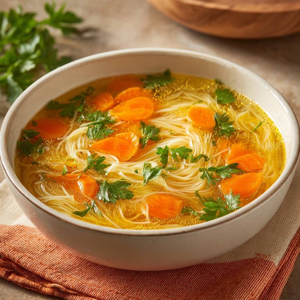 Cozy carrot noodle soup with thin noodles, sliced carrots, and fresh parsley in a white bowl, a close-up view.