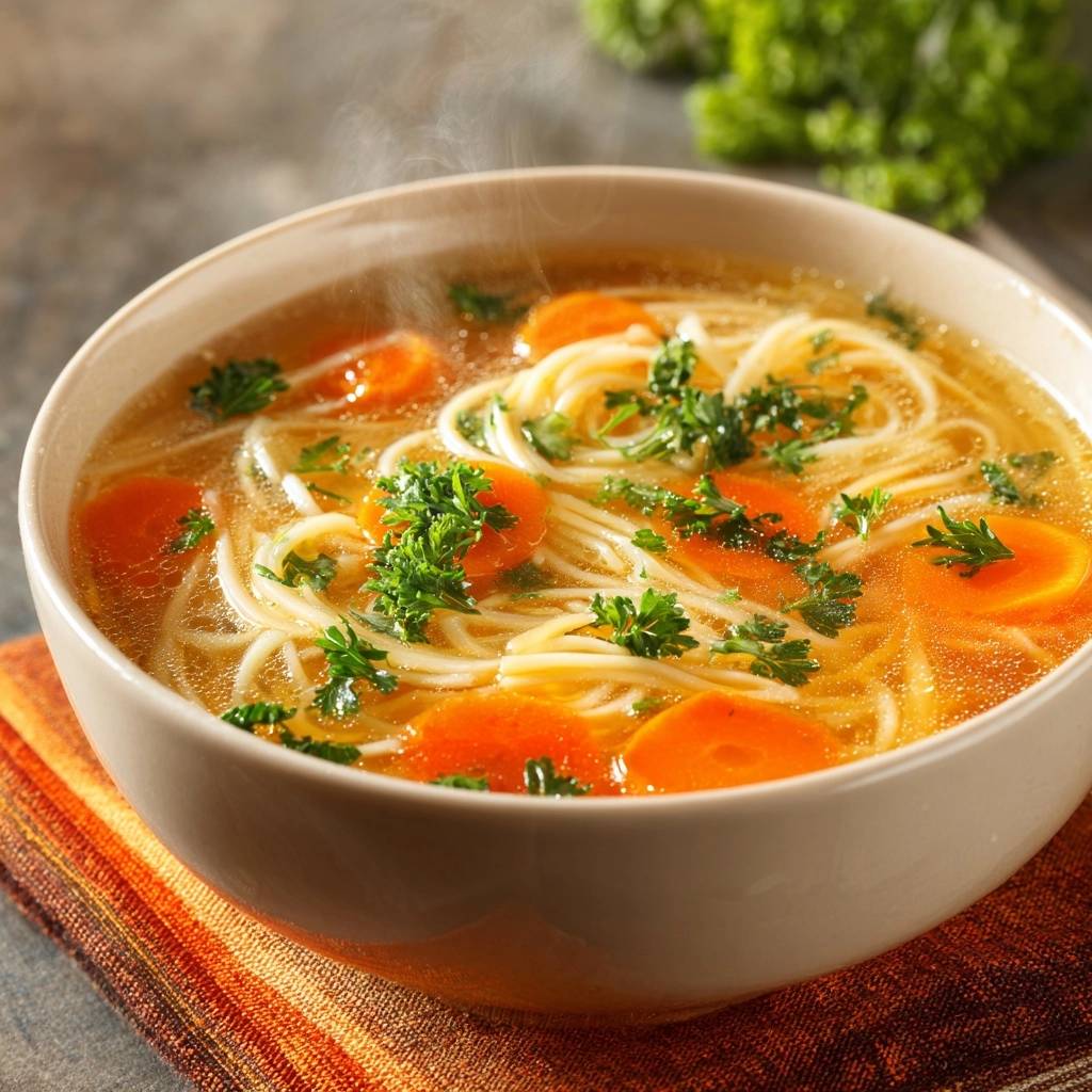 Cozy Carrot Noodle Soup in a steaming bowl, showing a close-up of noodles, carrots, and parsley garnish.