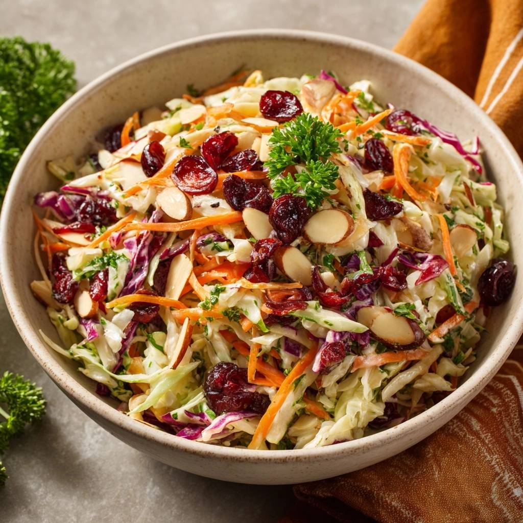 Cranberry almond kale slaw recipe shown in a bowl, with a close-up detail of dried cranberries, sliced almonds, and fresh parsley garnish.