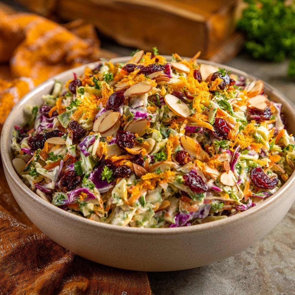 Cranberry almond kale slaw recipe shown in a bowl, detailed with sliced almonds, dried cranberries, and shredded carrots.