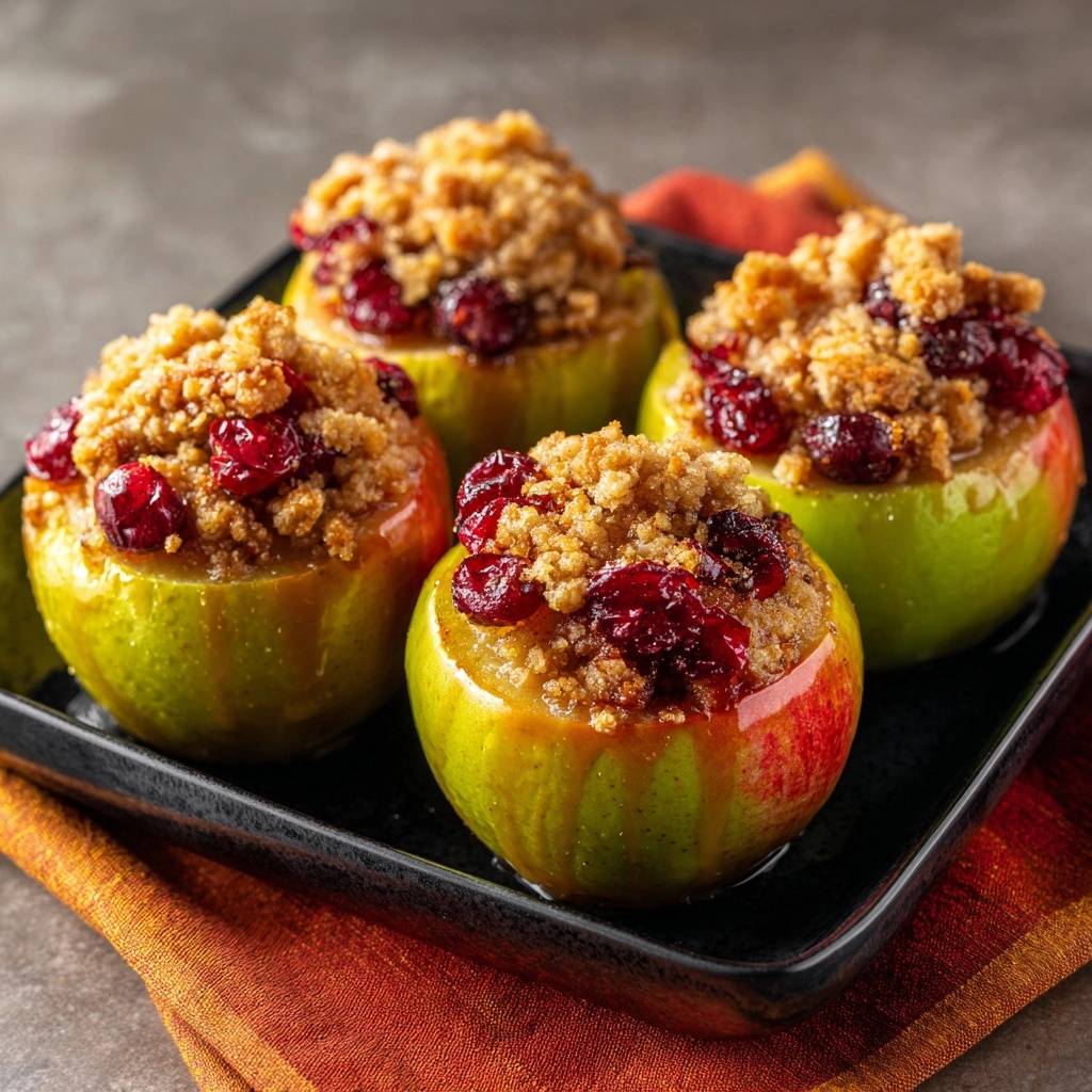 Cranberry crumble stuffed apples shown in a close-up view, highlighting the textured crumble and tart cranberries.