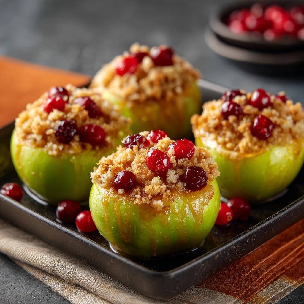 Cranberry crumble stuffed apples with a close-up view of the glistening topping and baked cranberries.
