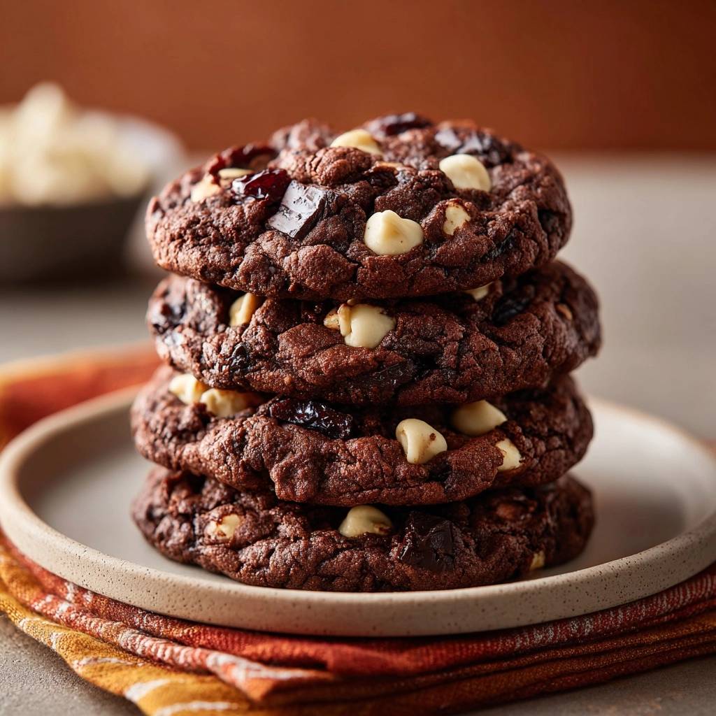 Cranberry walnut white chocolate cookies stacked closely on a plate with a rustic napkin.