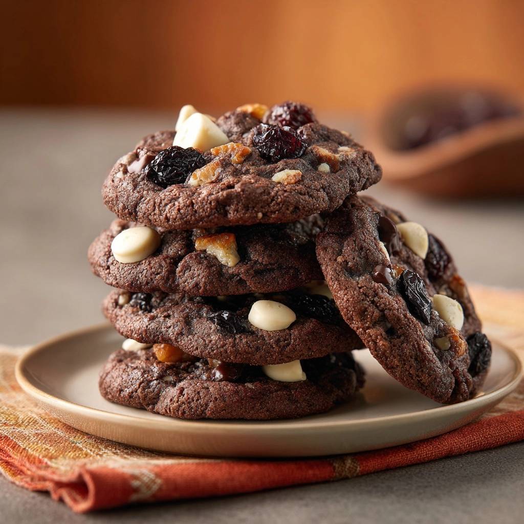 Cranberry walnut white chocolate cookies stacked high on a plate, showcasing their rich texture and inclusions.