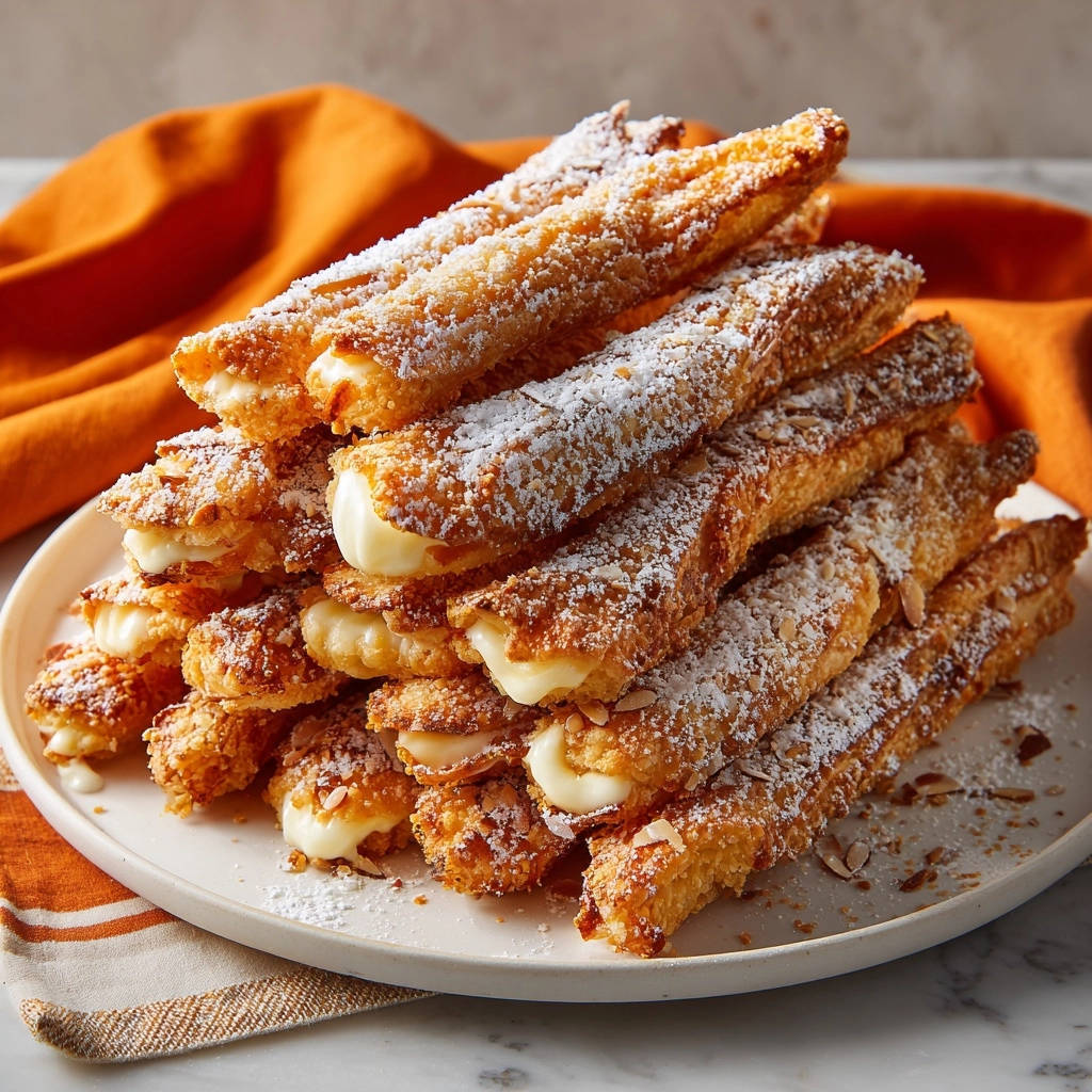 Quick layered cream horns stacked high, showing a detailed view of the creamy filling inside the pastry.