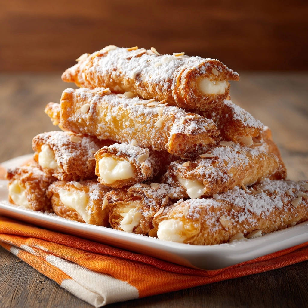 Quick Layered Cream Horns stacked high, dusted with powdered sugar and slivered almonds, showing their creamy filling.
