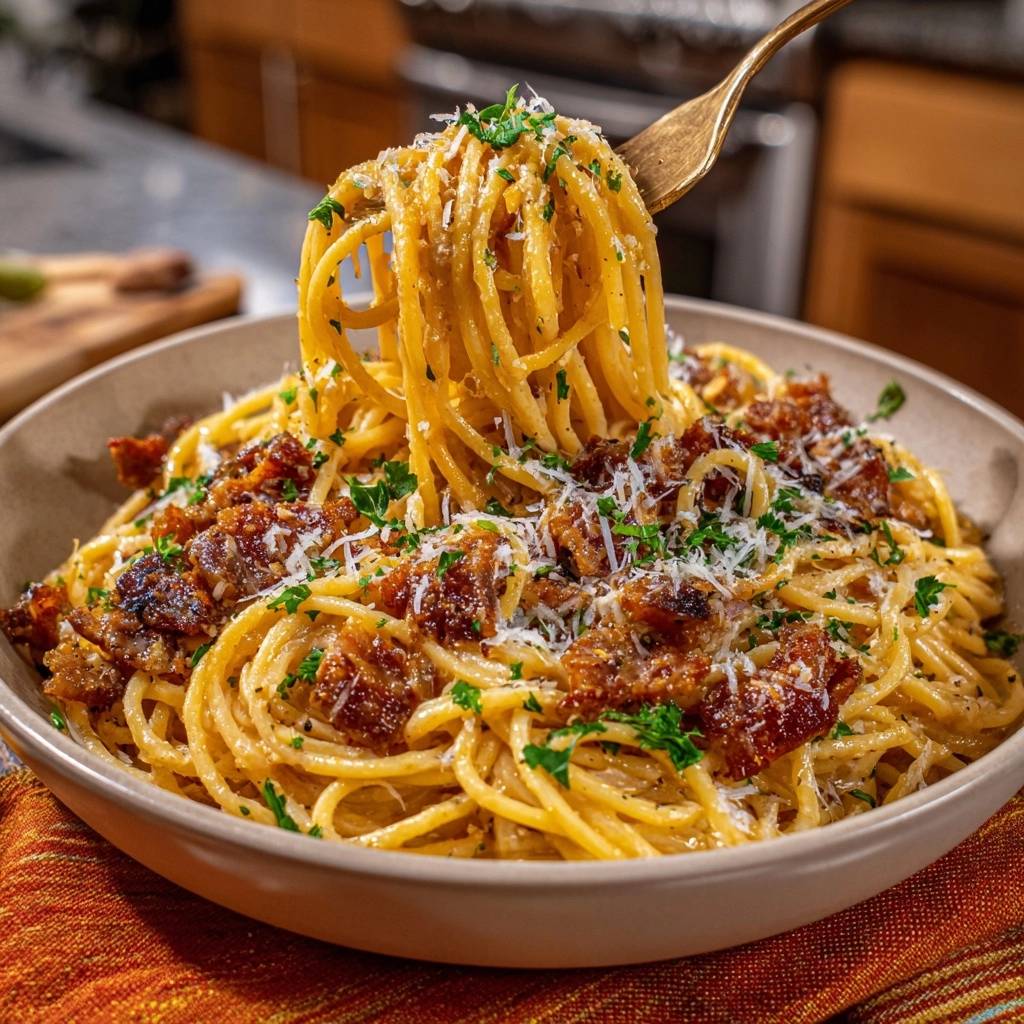 Creamy bacon spaghetti with a forkful being lifted, showcasing the pasta and crunchy bacon topping.