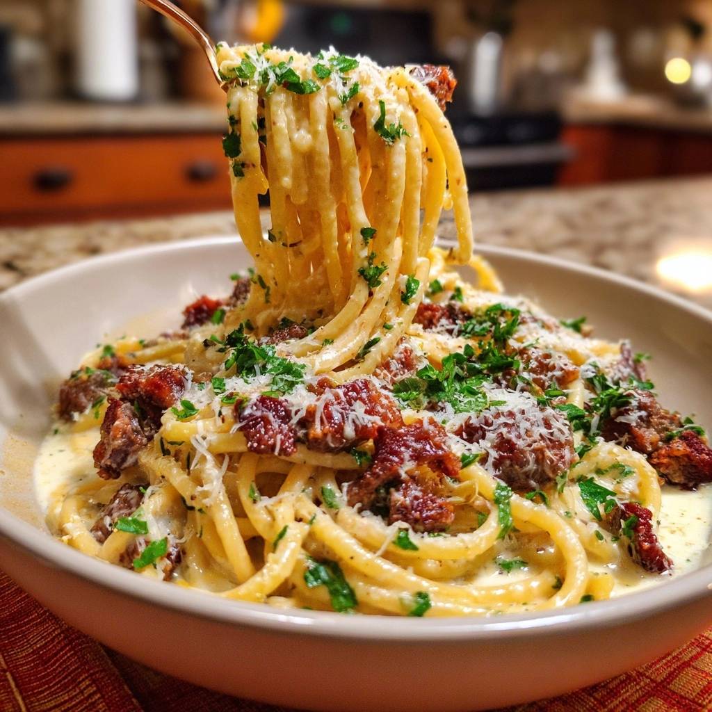 Creamy bacon spaghetti with a forkful being lifted, showing the rich sauce and chopped bacon topping.