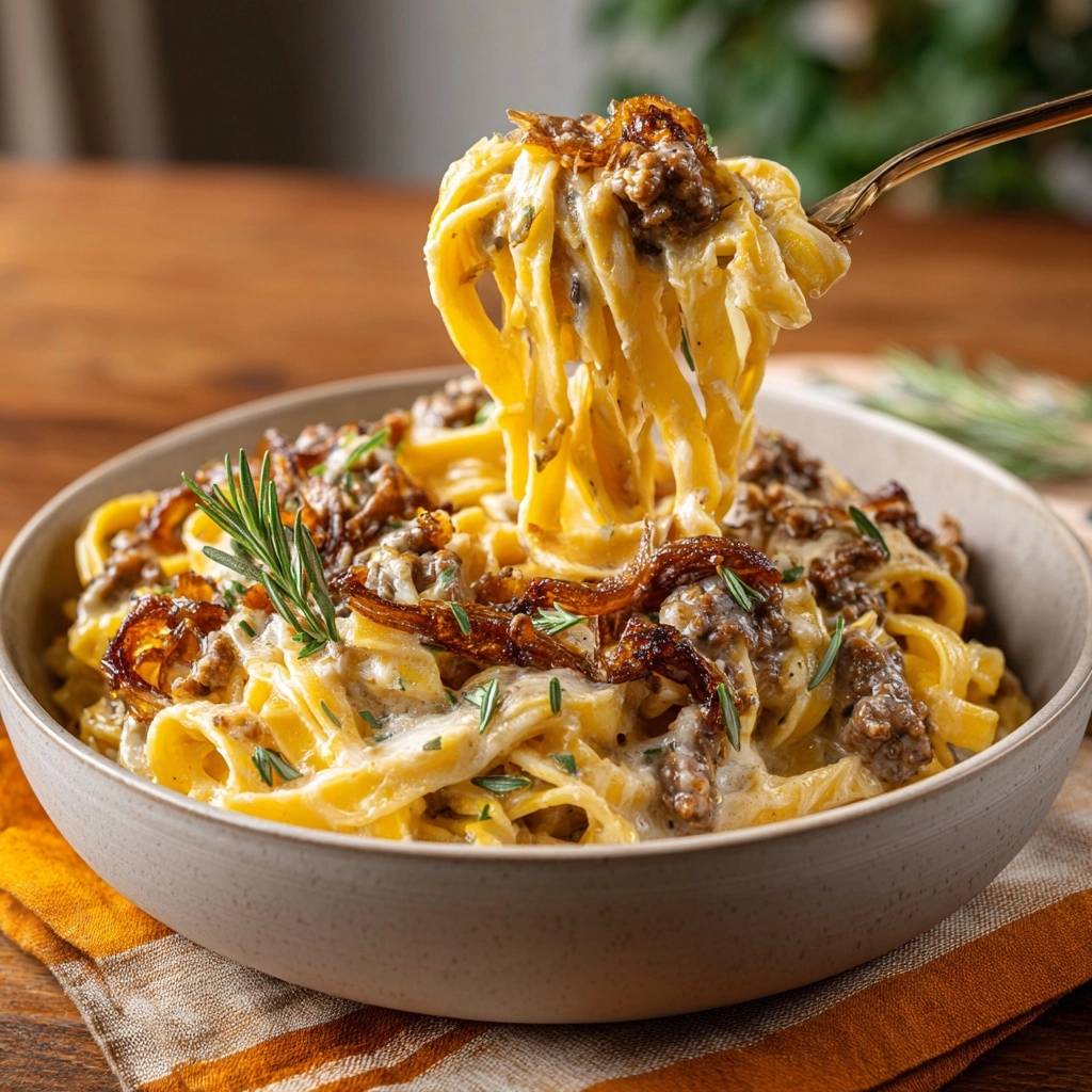 Creamy beef and caramelized onion pappardelle being lifted with a fork, showcasing the rich sauce and tender pasta.